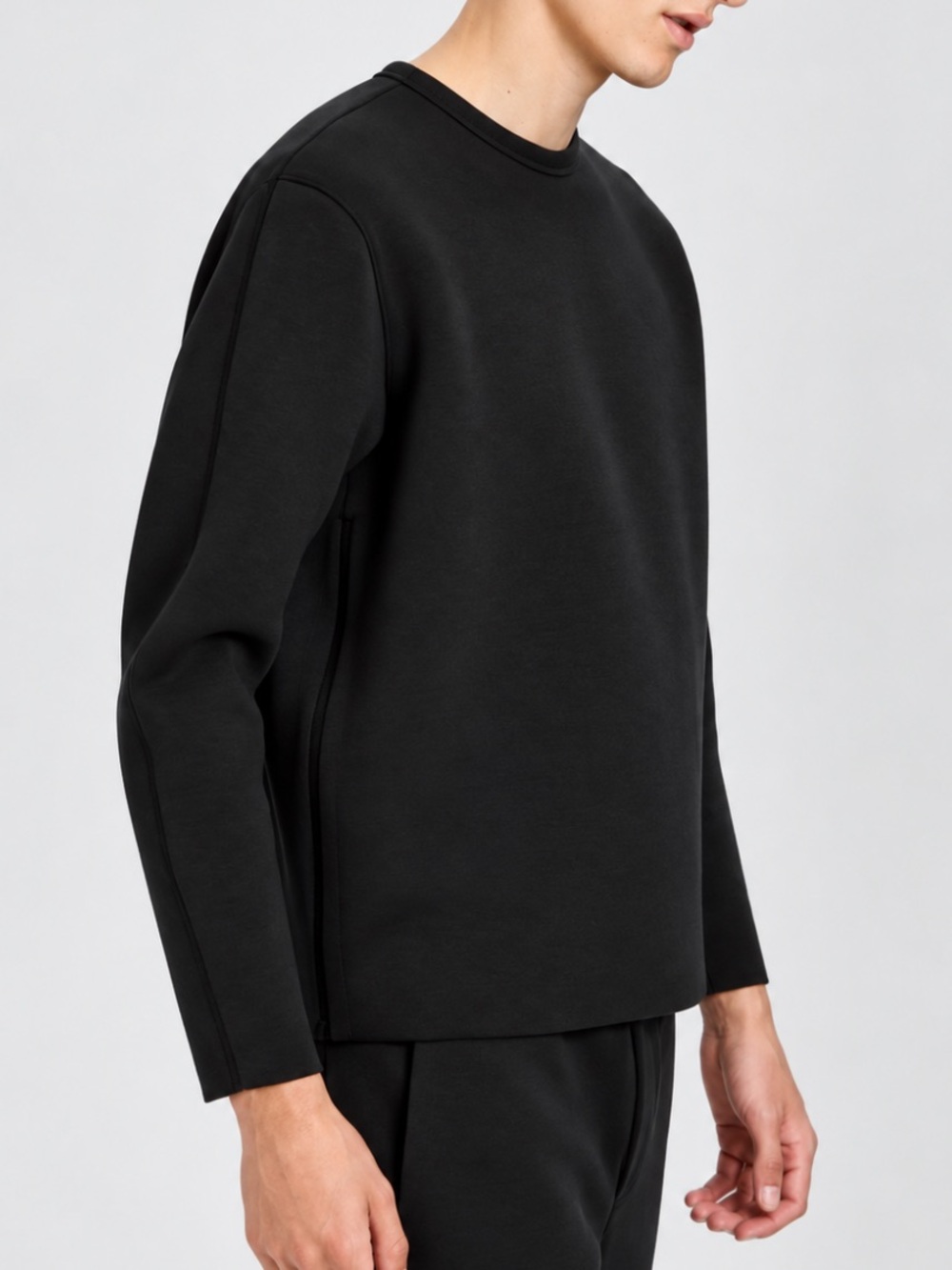 Theory Men's Raw Hem Scuba Black Crewneck Sweatshirt